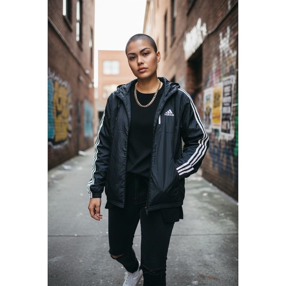 adidas‎ Unisex Black Insulated Hooded Windbreaker Jacket Sz M streetwear Vintage